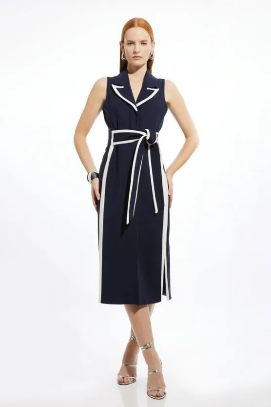 Hot Karen Millen Petite Compact Stretch Contrast Tipped Belted Pencil Maxi Dress navy