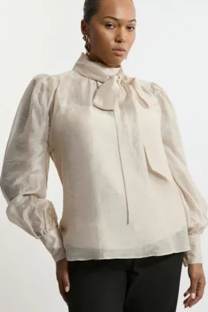 Fashion Karen Millen Plus Size Linen Blend Organdie Woven Pussybow Blouse ivory