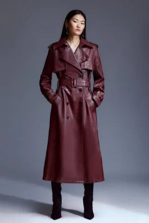 Best Karen Millen Tailored Faux Leather Belted Trench Coat oxblood
